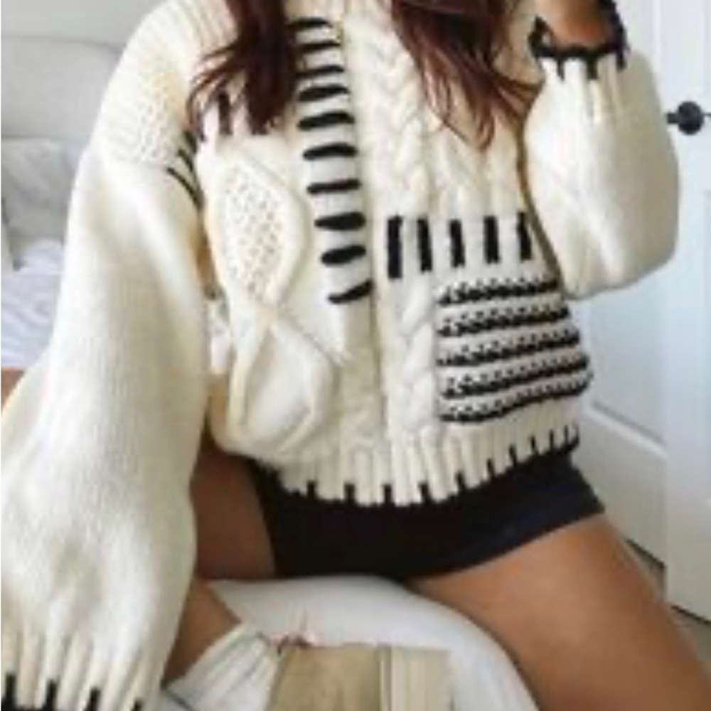 Chunky Cable Knit Cream Sweater with Black Trim